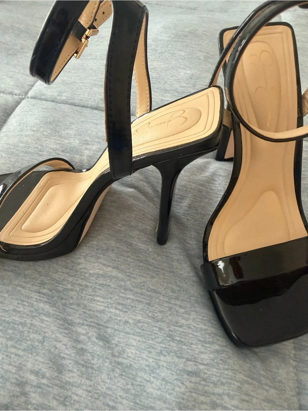 Jessica Simpson Black Patent Square-Toe Ankle Strap Heels